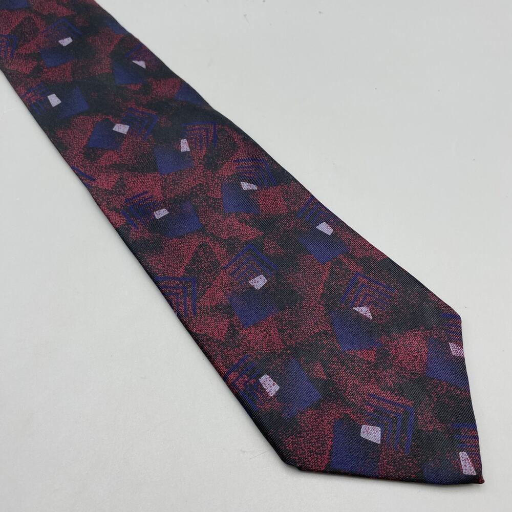 Vintage 80s 90s Halston Purple‎ Tie Geometric Pattern Necktie Muted Red Blue